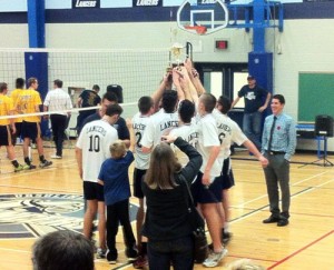 UCC Lancers celebrate following 2013 Kent volleyball win - CKSN.ca Photo