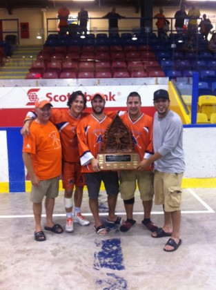 Red Devils coach Jamie Knight, Brandon Montour of Tilbury, Jordan Durston and Joel Shepley of Wallacburg and Red Devils coach Justin Durston