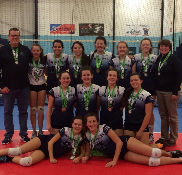 Pictured are: (Back Row) Coach Paul Teetzel, Morgan Davis, Sormeh Mehrabi, Hailey Kacan, Sarah Crow, Megan Pidgeon, Delaney Hart, Coach Sarah Davis. (Middle Row) Reece Cowan, Hannah Teetzel, Rachel Carleton, Brianne Roy (Front Row) Kate Balkwill, Natalie Little