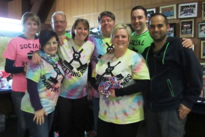 The 5th Annual Charity Curling Classic’s Top Fundraising Teams – the Social Rinkers and Sweeping Bones – (back row): Colleen Gleeson, Steve Gleeson, Dave Cobb and Matt Lee, (front row): Kristina Baillargeon, Janine Myers, Heather Sinclair and Shehbaz Kahn.