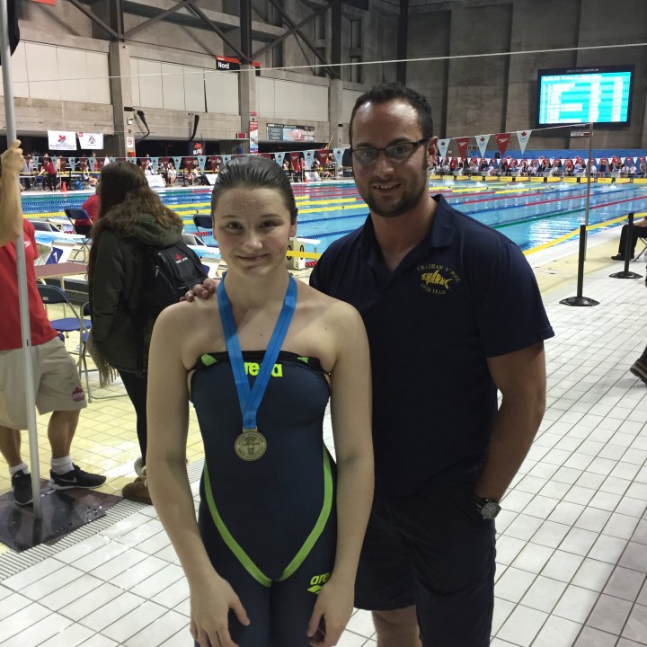 Wallaceburg's Madison Broad, pictured with Pool Sharks head coach Kyle Pinsonneault has already claimed two gold medals at the Eastern Nationals in Montreal.