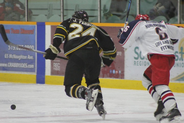 Josh Farrugia and the Lakers skated away with a 3-2 overtime win in Petrolia on Thursday night | Photo from Mary McLaughlin